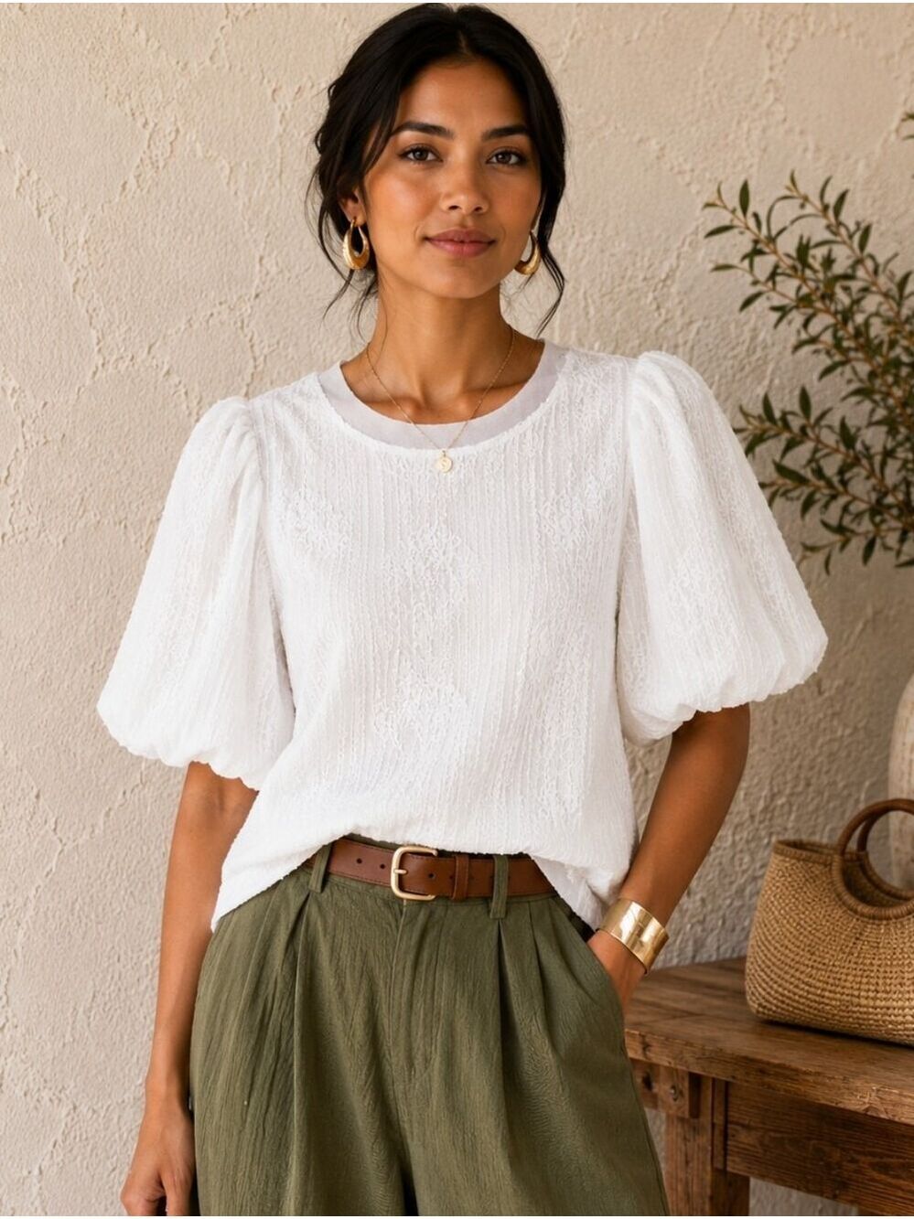 NWT OTT WHITE TEXTURED ROMANTIC BOHO PUFF SLEEVE BLOUSE COTTAGECORE MEDIUM